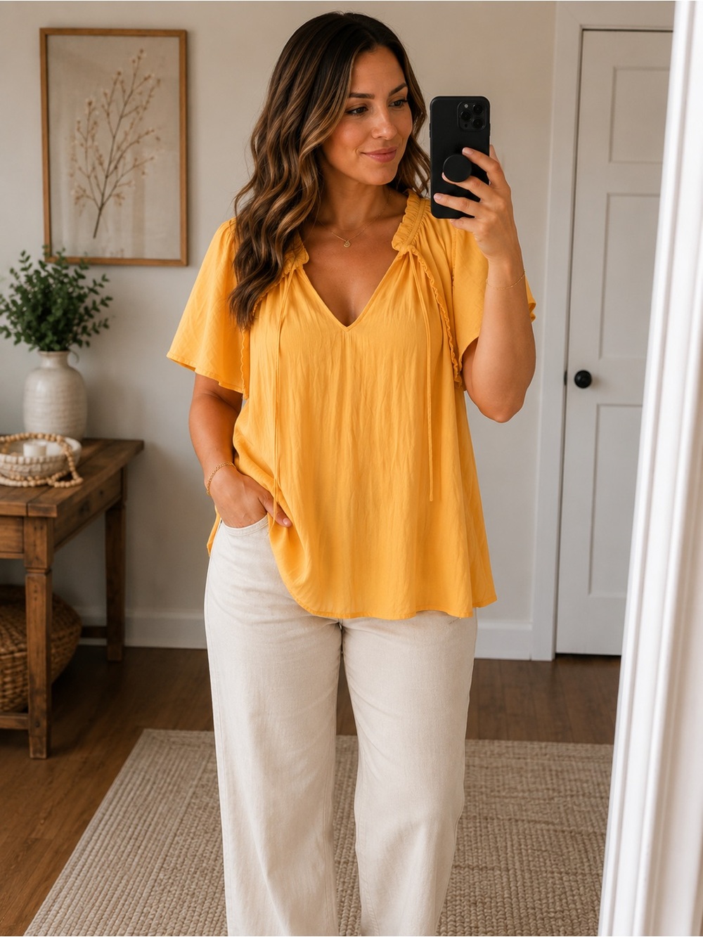 LOFT Mustard V-Neck Flutter Sleeve Blouse